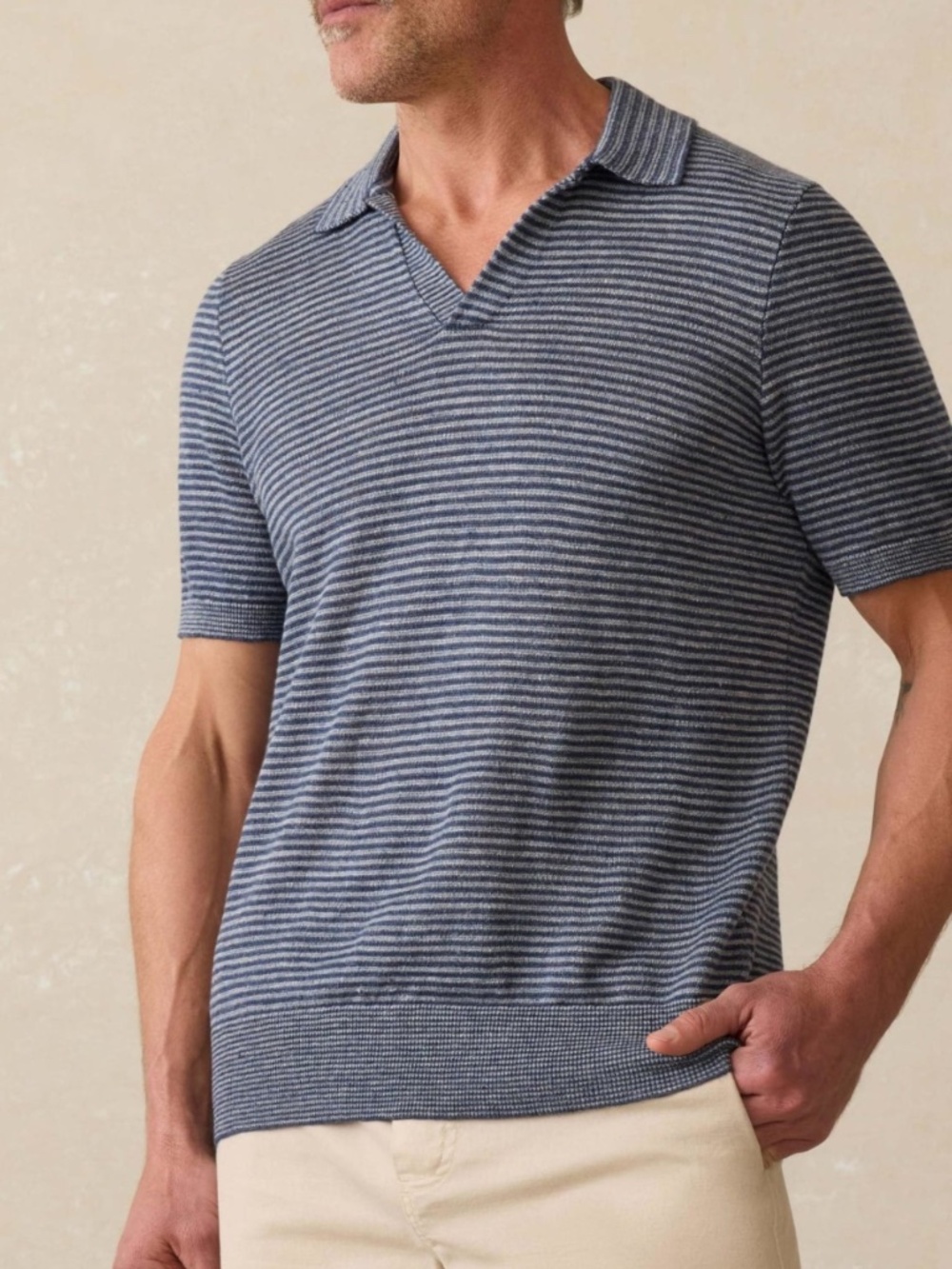 Faherty Short Sleeve Linen Polo Sweater Men's L Cayman Navy Feeder Soft Knit